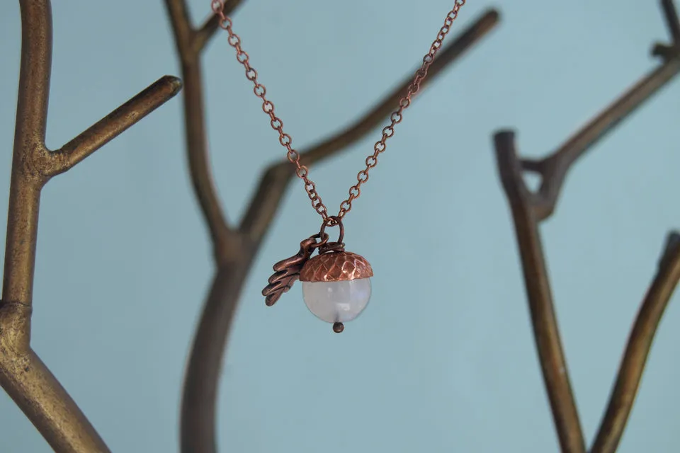 Rainbow Moonstone and Copper Acorn Necklace | Cute Nature Acorn Charm Necklace | Fall Acorn Necklace | Woodland Gemstone Acorn | Nature Jewelry