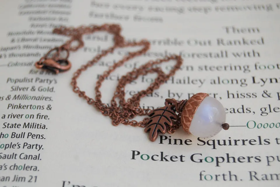 Rainbow Moonstone and Copper Acorn Necklace | Cute Nature Acorn Charm Necklace | Fall Acorn Necklace | Woodland Gemstone Acorn | Nature Jewelry