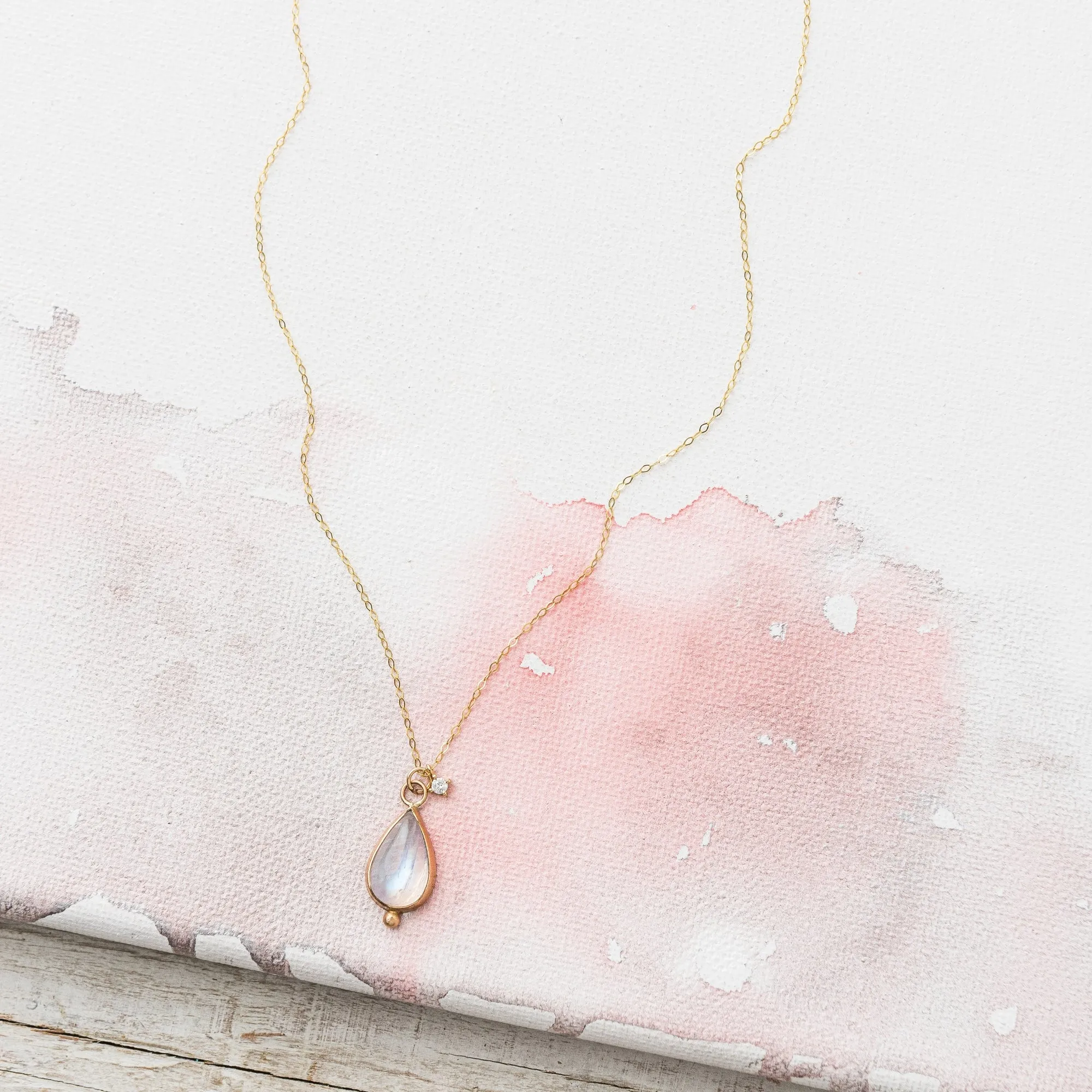 Rainbow Moonstone and Diamond Charm Necklace in 14k