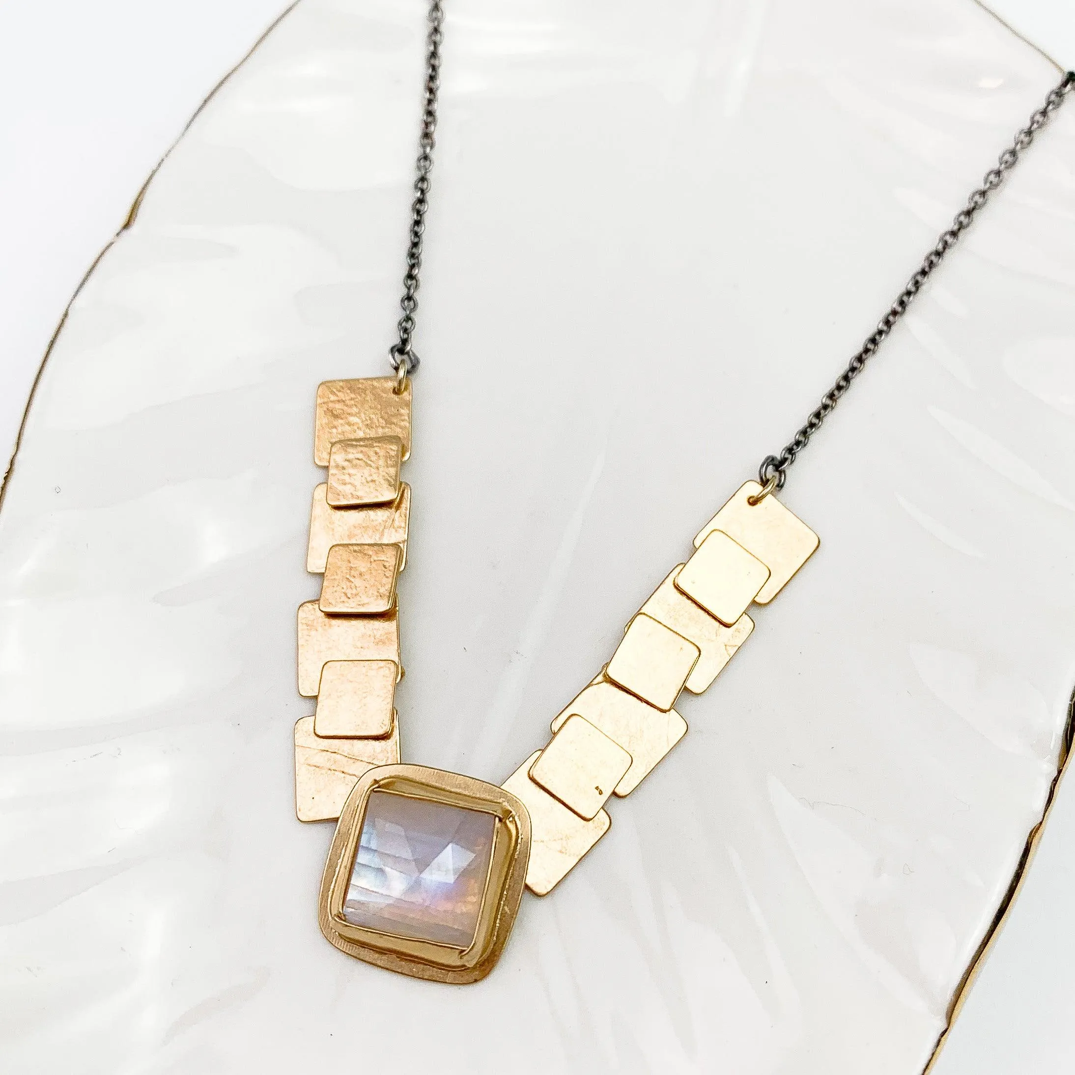 Rainbow Moonstone Square Pivot Necklace and Earrings