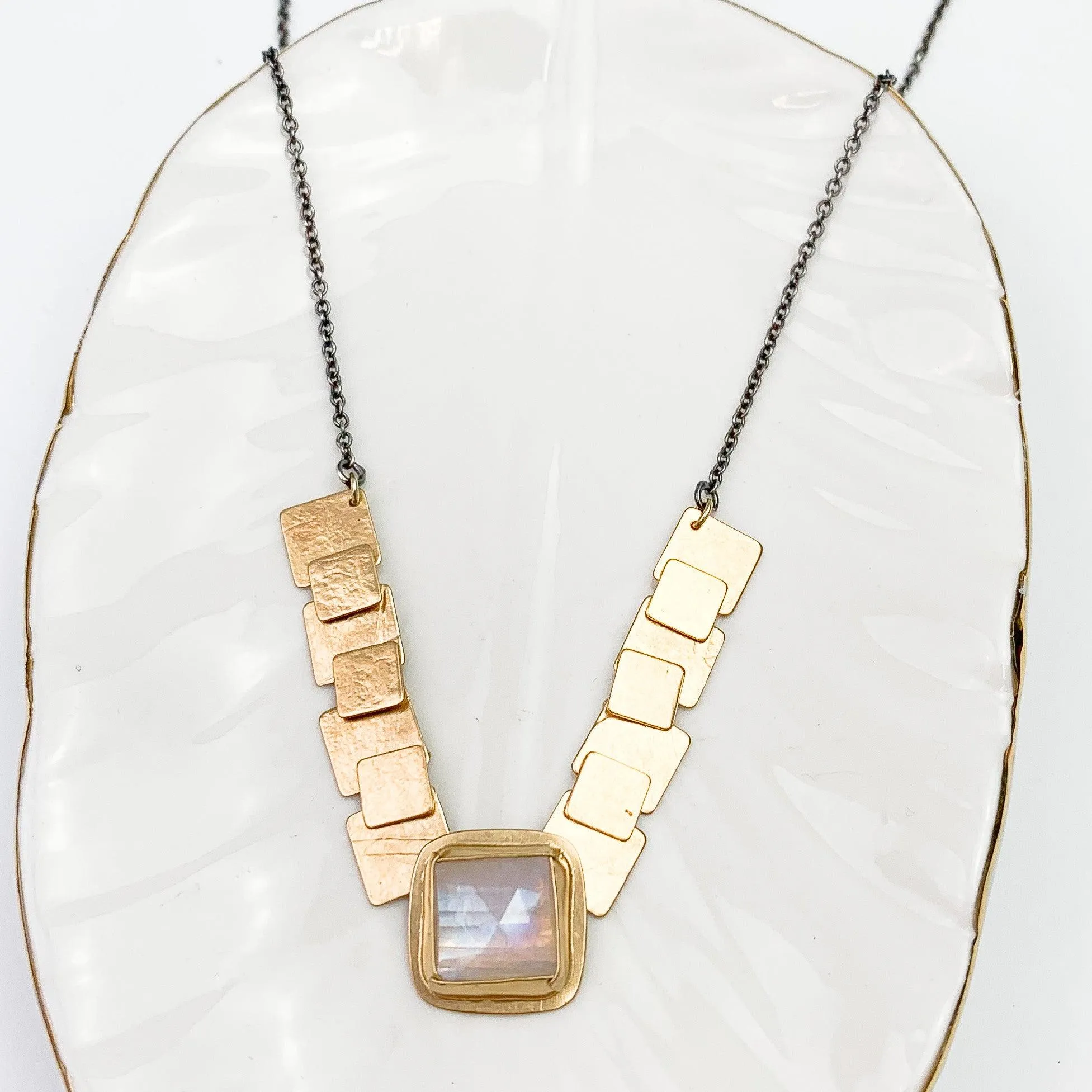 Rainbow Moonstone Square Pivot Necklace and Earrings