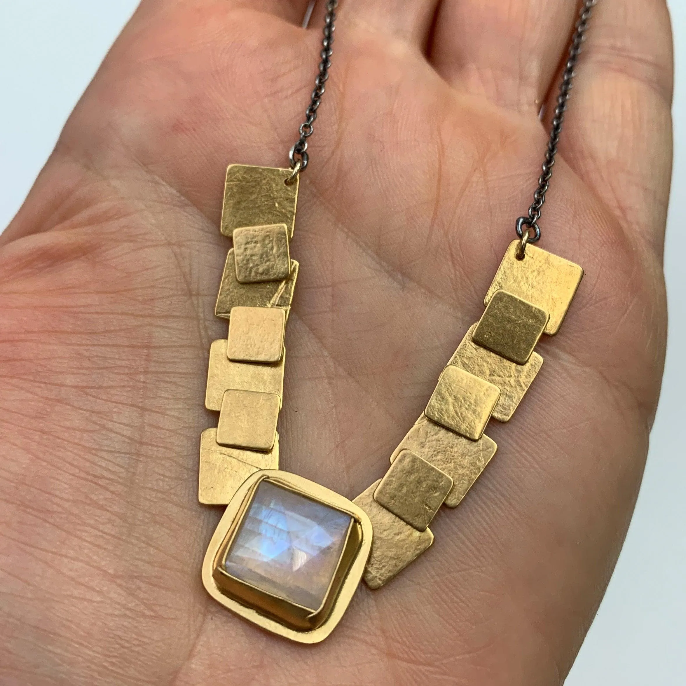 Rainbow Moonstone Square Pivot Necklace and Earrings