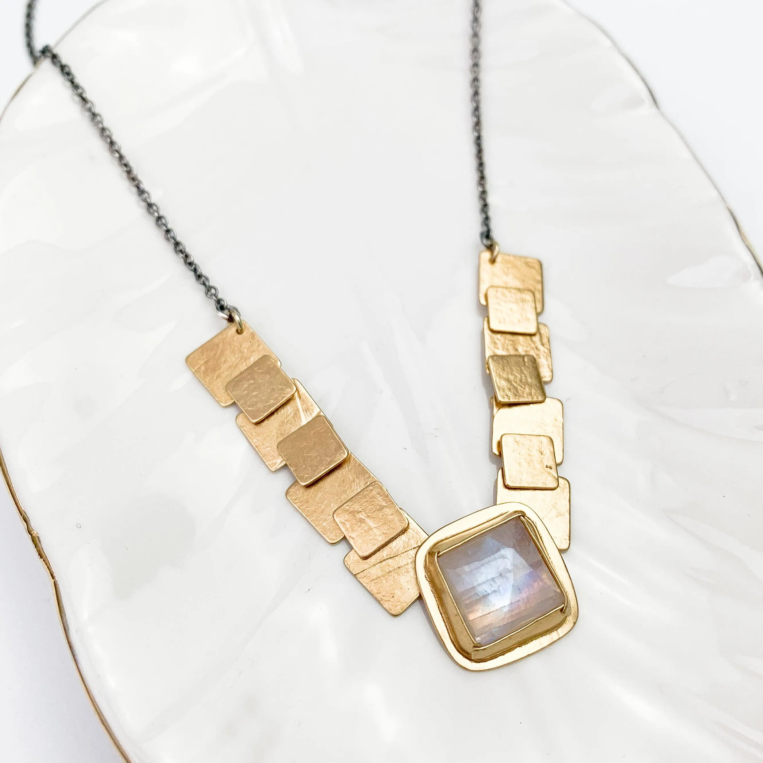 Rainbow Moonstone Square Pivot Necklace and Earrings