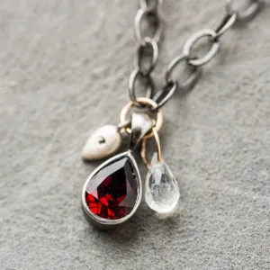 Red Garnet Pear Necklace with Diamond and Moonstone on Oval Chain