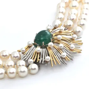 Retro Three Strand Pearl Necklace with Platinum and 18K Yellow Gold 11CT Emerald and Seed Pearl Clasp C.1950