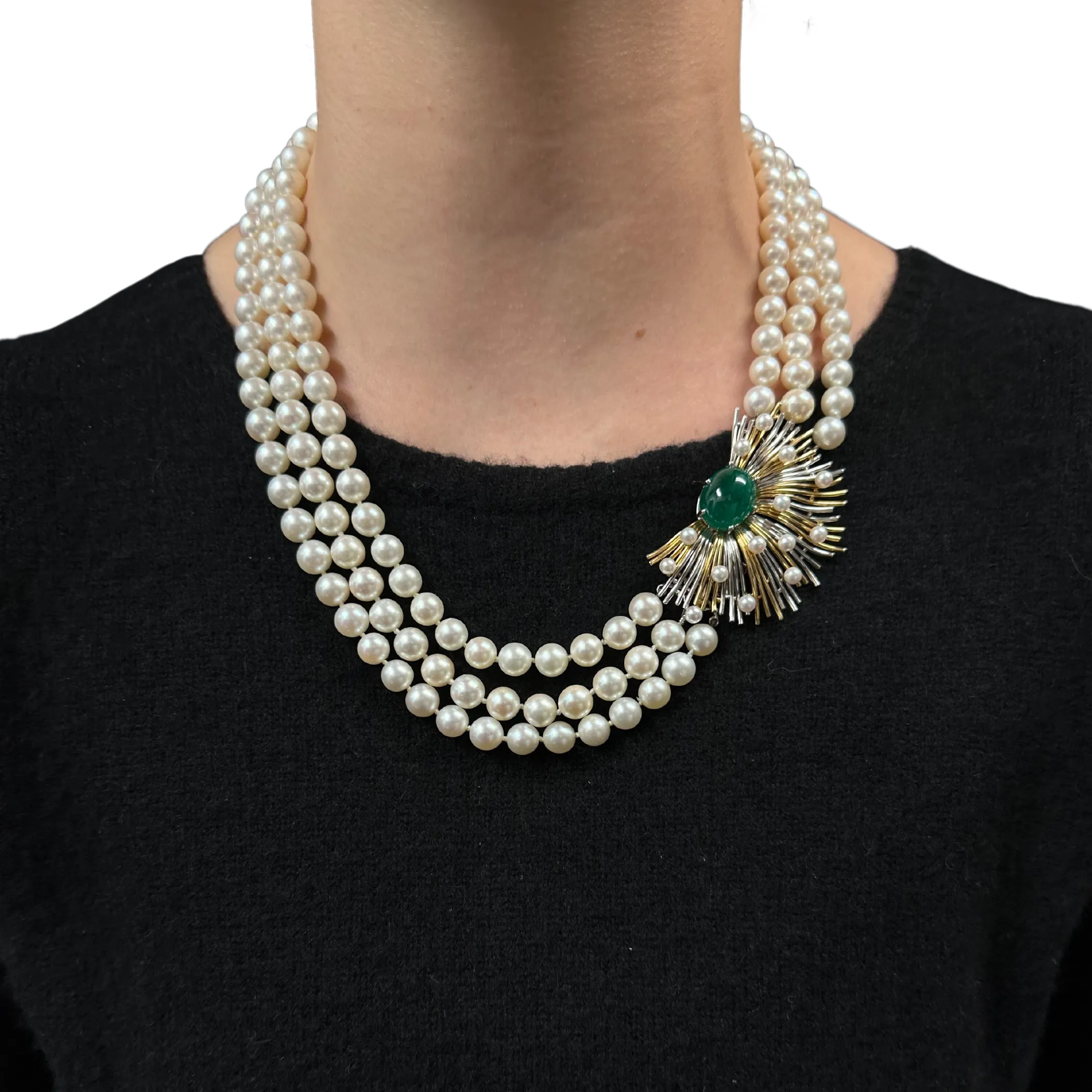 Retro Three Strand Pearl Necklace with Platinum and 18K Yellow Gold 11CT Emerald and Seed Pearl Clasp C.1950