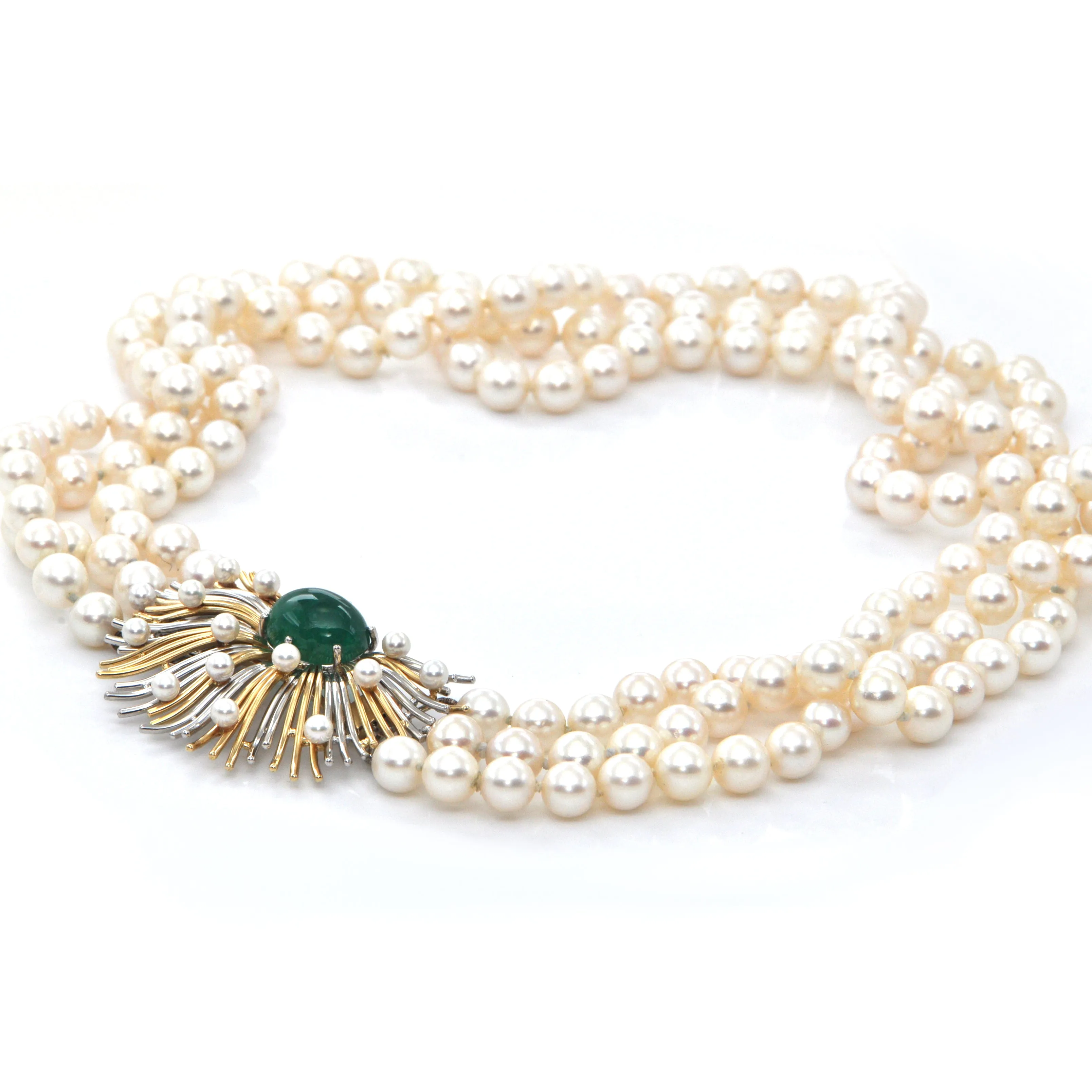 Retro Three Strand Pearl Necklace with Platinum and 18K Yellow Gold 11CT Emerald and Seed Pearl Clasp C.1950