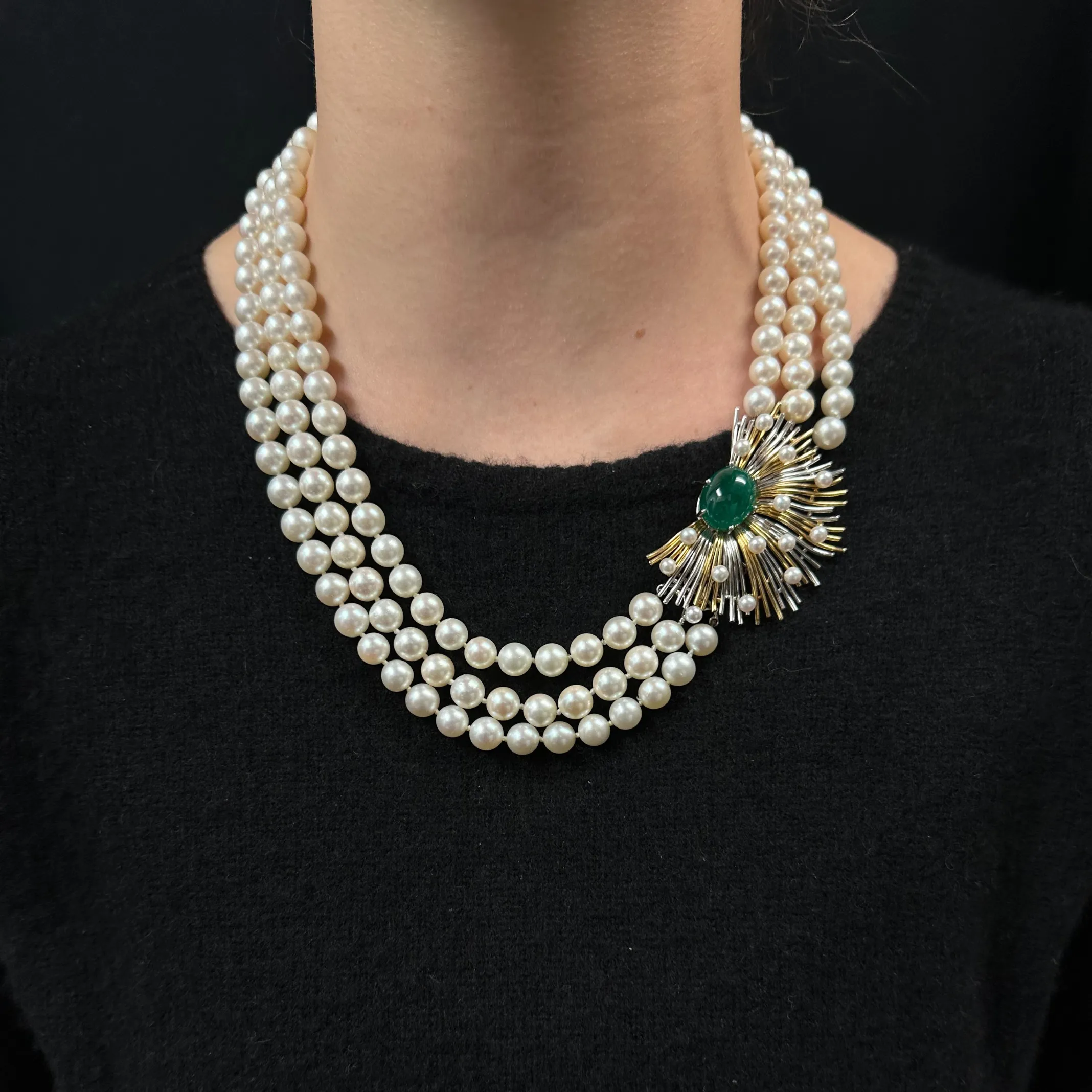 Retro Three Strand Pearl Necklace with Platinum and 18K Yellow Gold 11CT Emerald and Seed Pearl Clasp C.1950