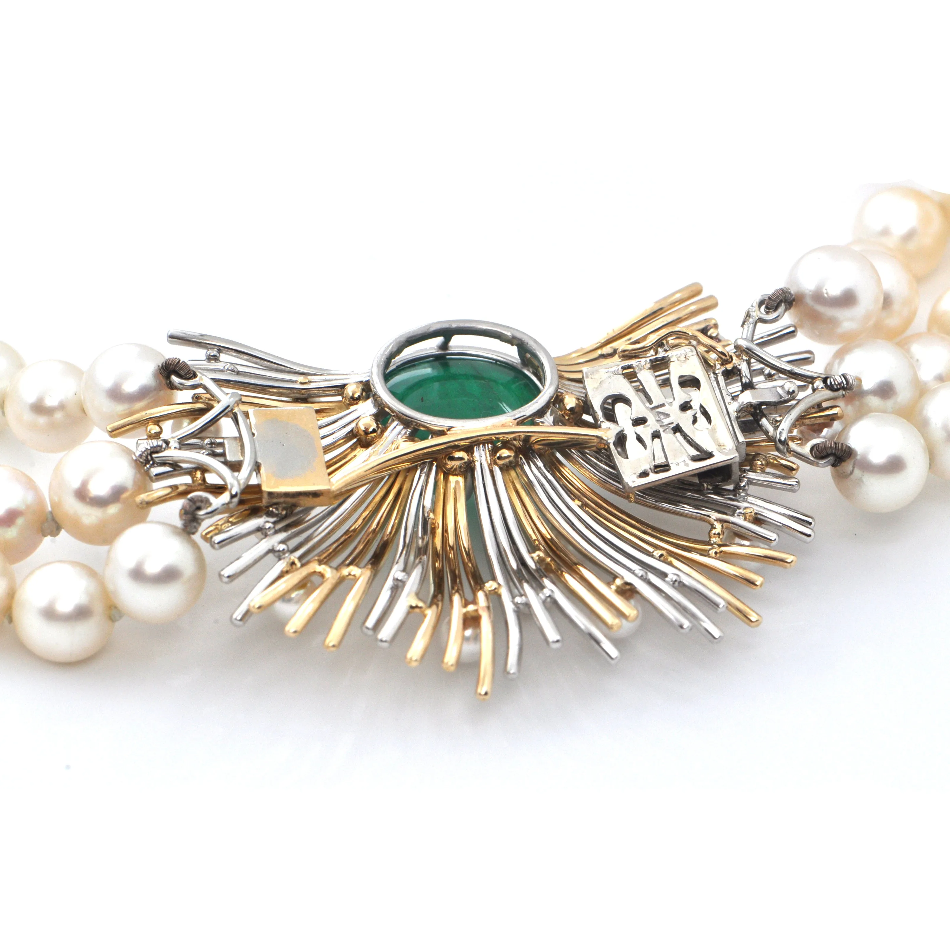 Retro Three Strand Pearl Necklace with Platinum and 18K Yellow Gold 11CT Emerald and Seed Pearl Clasp C.1950