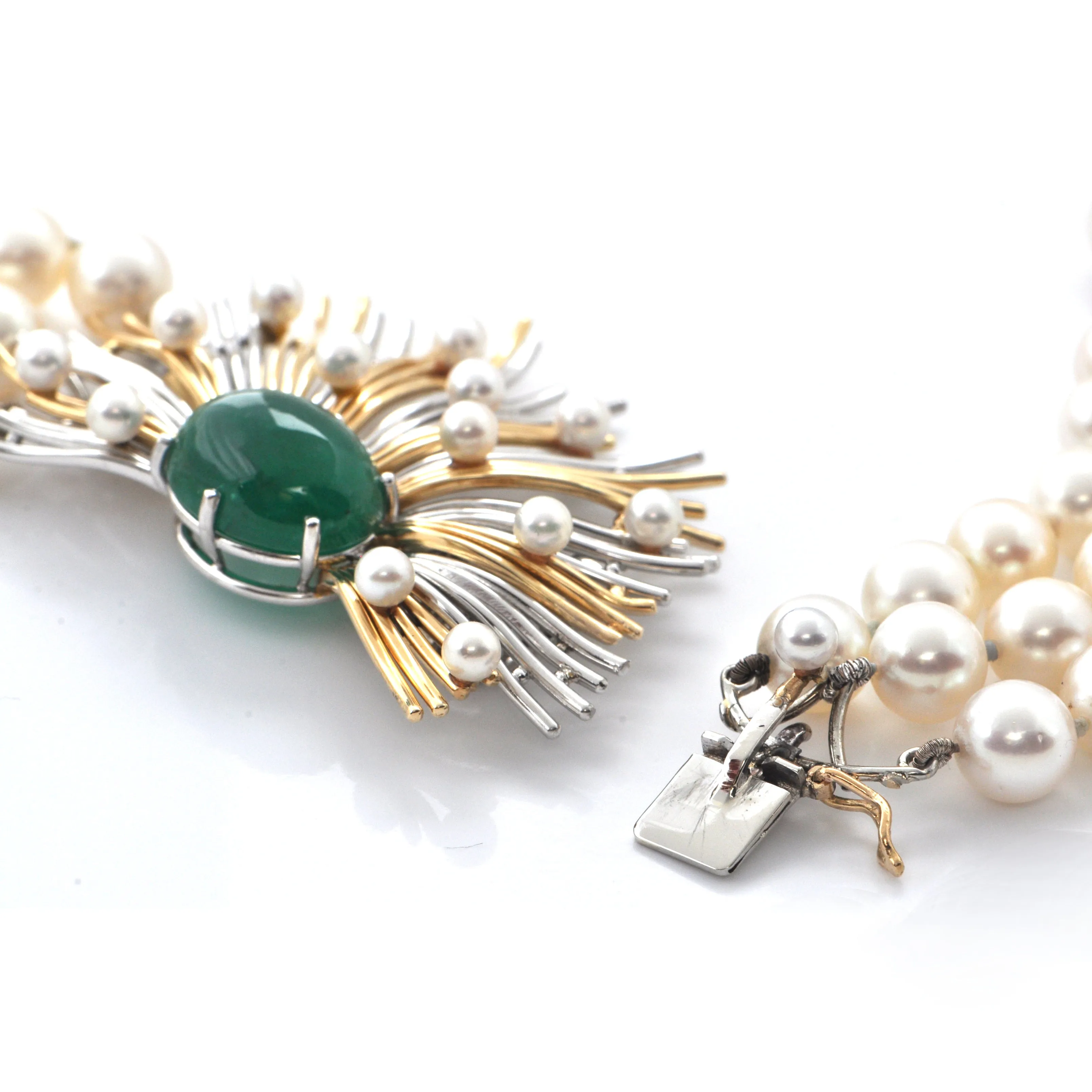 Retro Three Strand Pearl Necklace with Platinum and 18K Yellow Gold 11CT Emerald and Seed Pearl Clasp C.1950