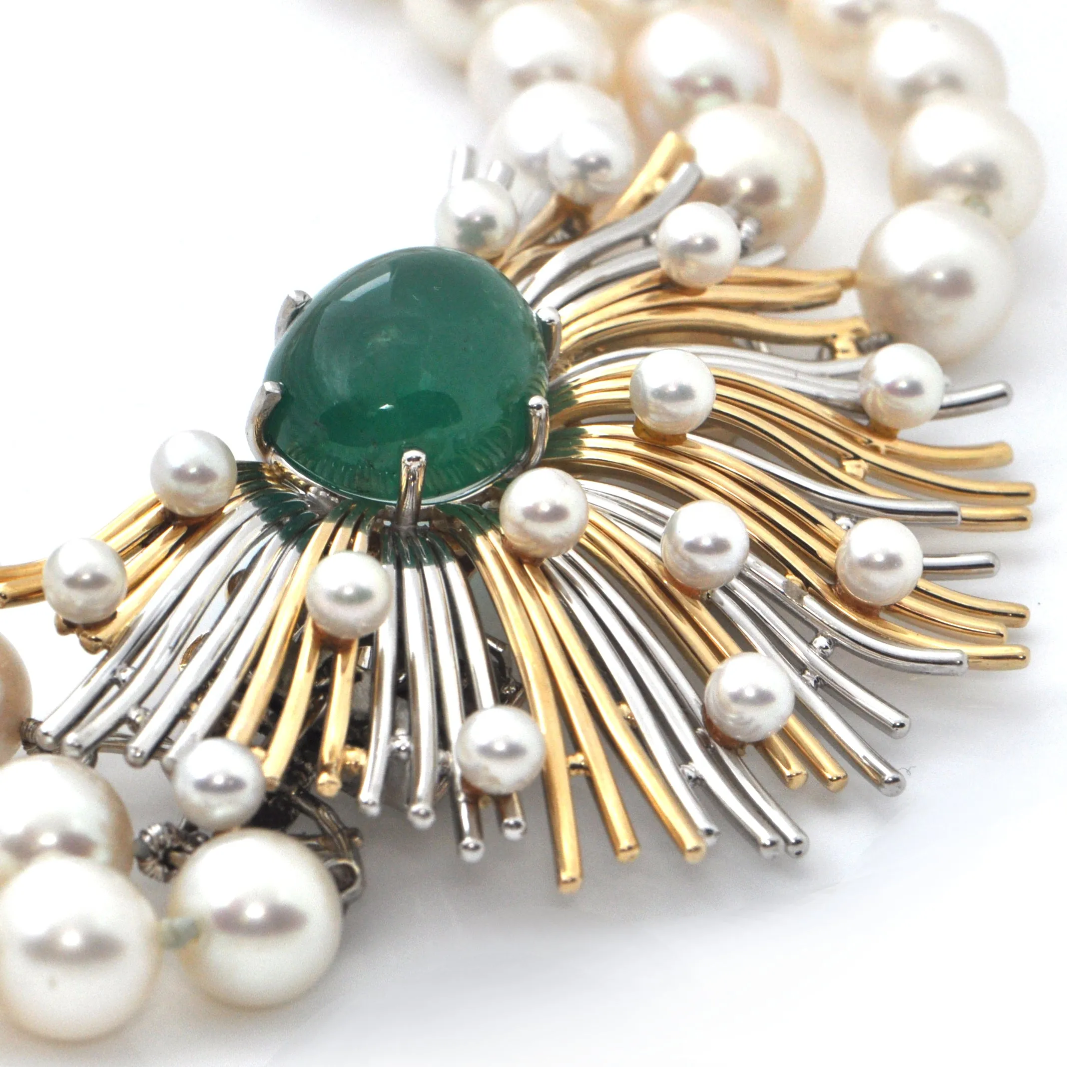 Retro Three Strand Pearl Necklace with Platinum and 18K Yellow Gold 11CT Emerald and Seed Pearl Clasp C.1950