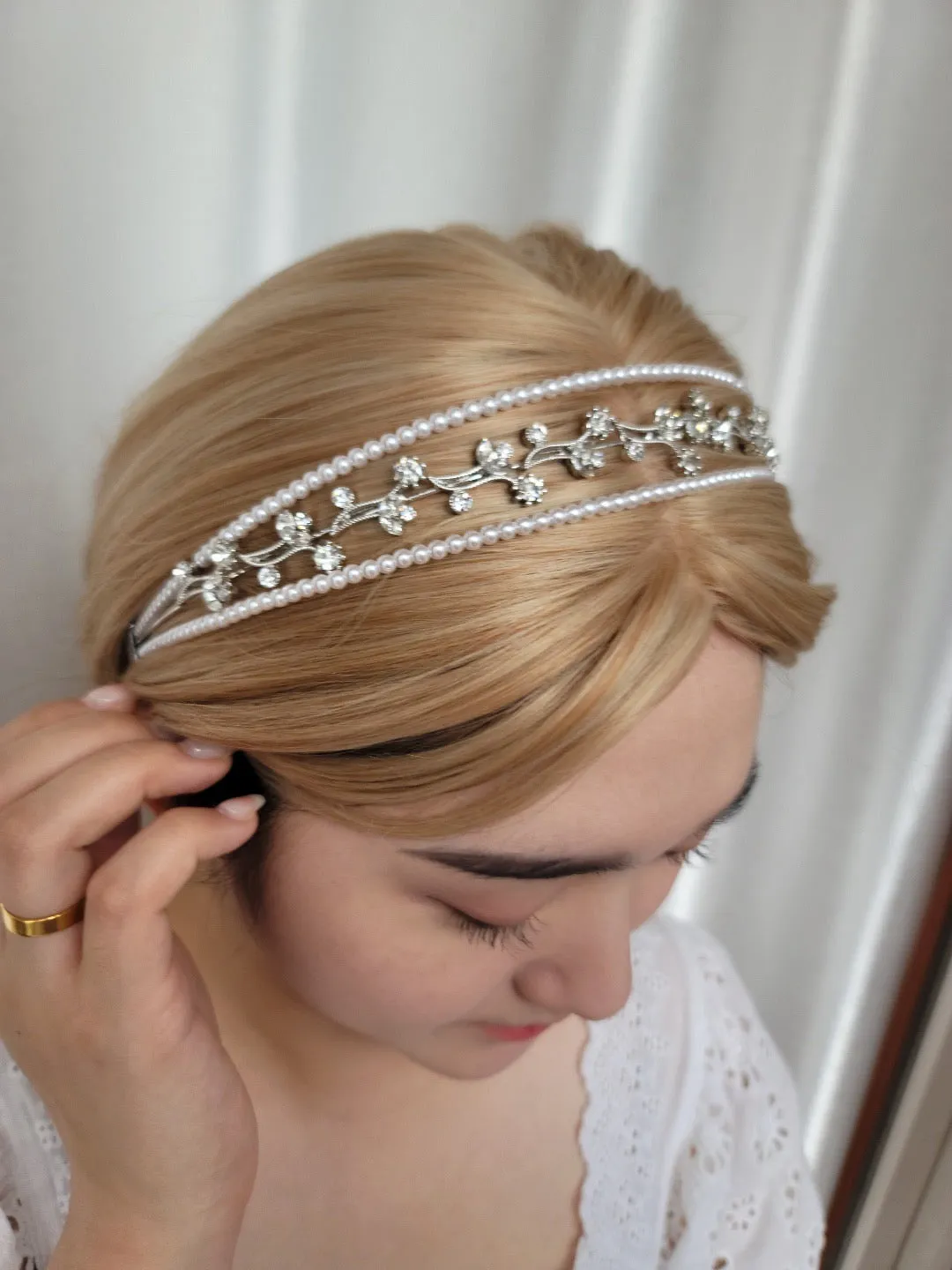 rhinestone flower branch triple headband pearl hairband for women