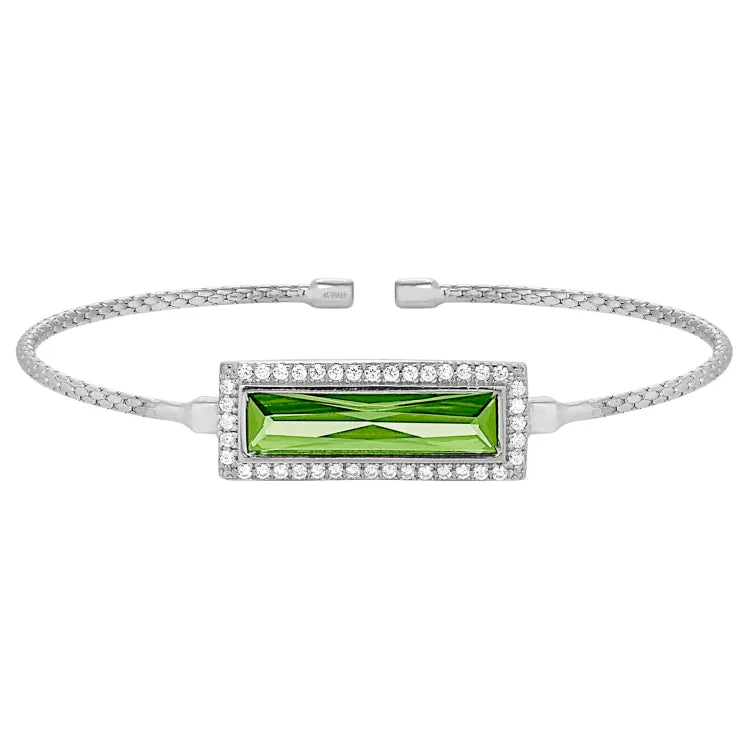 Rhodium Finish Sterling Silver Cable Cuff Bracelet with Rectangular Simulated Peridot Stone and Simulated Diamonds