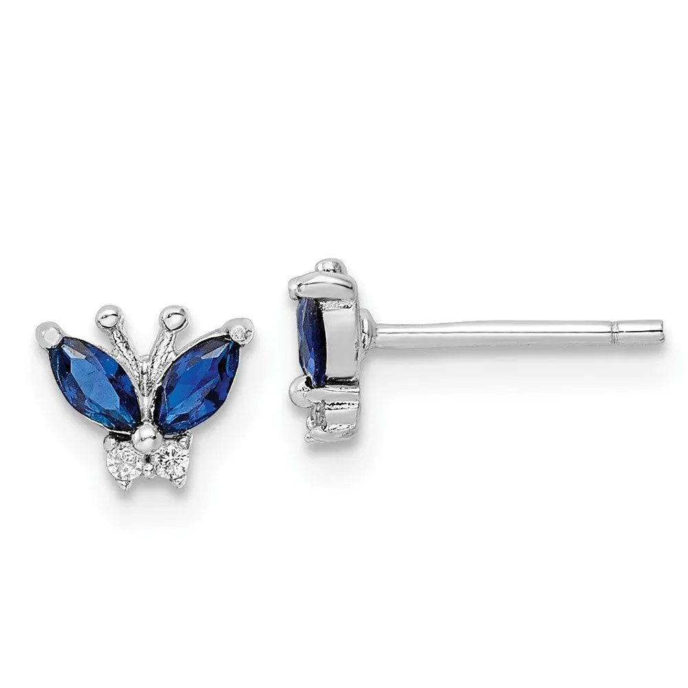 Rhodium-plated Sterling Silver Blue & White CZ Butterfly Post Earrings