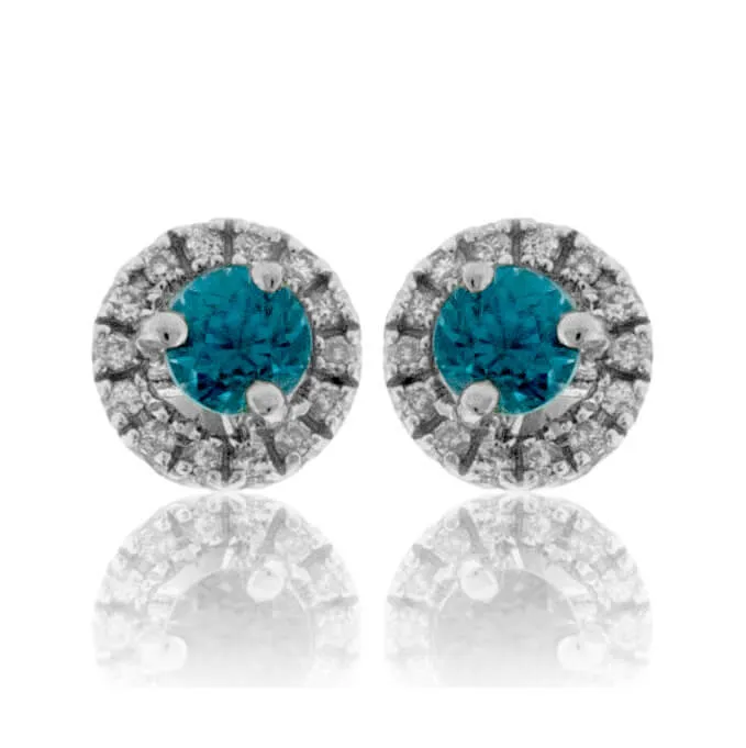 Round Blue Zircon & Diamond Halo Stud Post Earrings