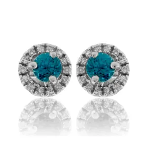 Round Blue Zircon & Diamond Halo Stud Post Earrings