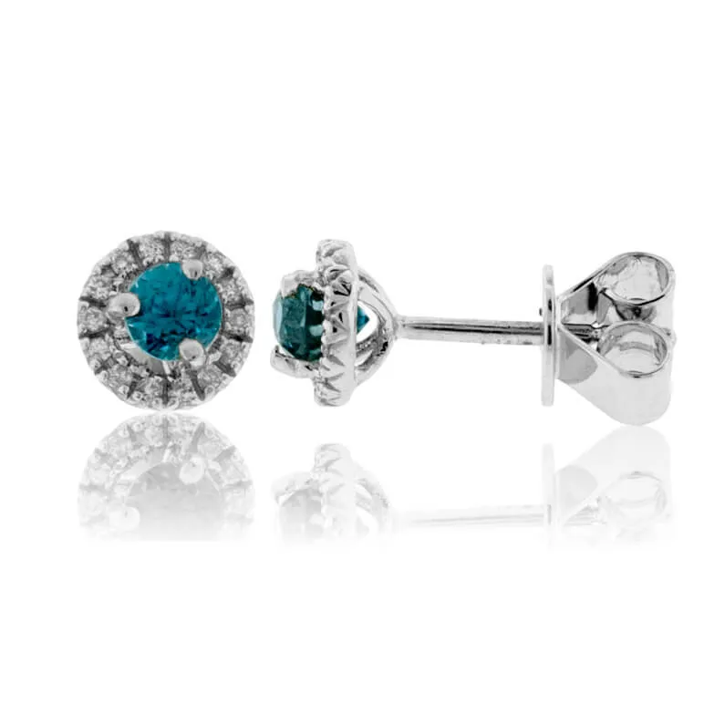 Round Blue Zircon & Diamond Halo Stud Post Earrings