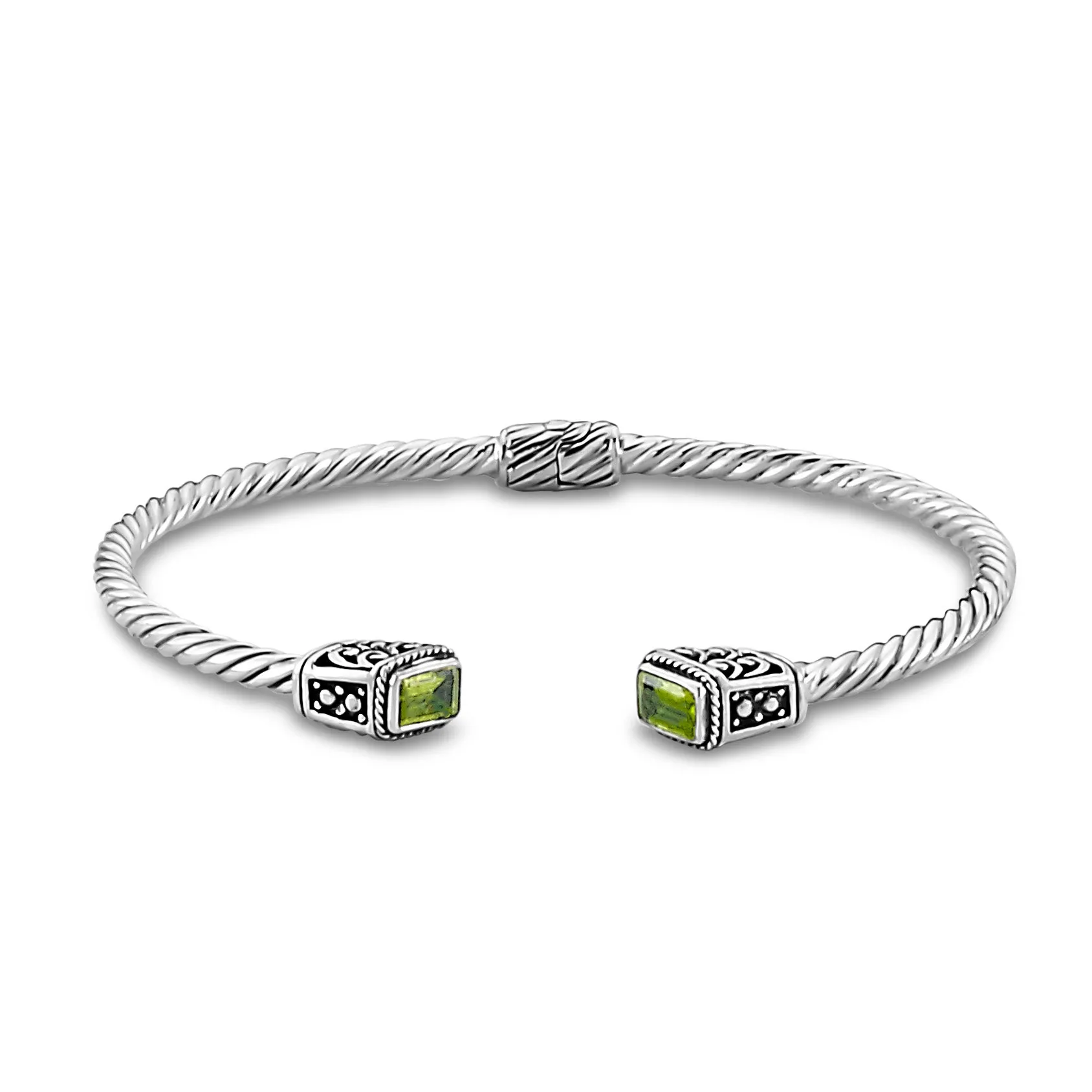 Samuel B. Maria Emerald Shaped Peridot Sterling Silver Twisted Cable Bangle Bracelet