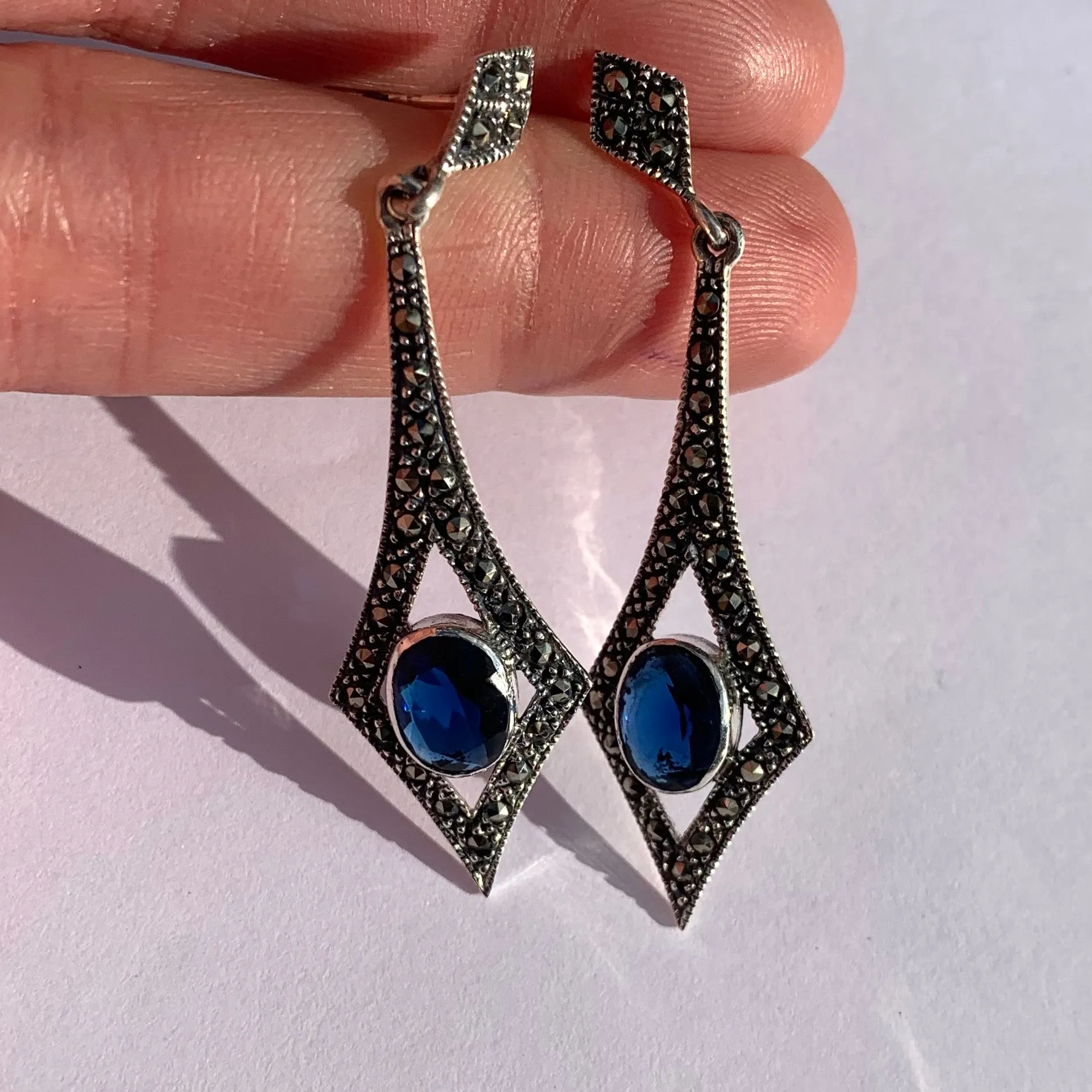 Sapphire Blue Art Deco Spear Earrings in Silver and Marcasite