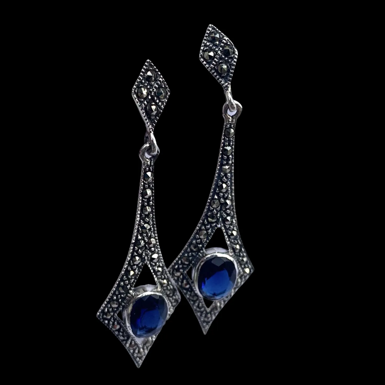 Sapphire Blue Art Deco Spear Earrings in Silver and Marcasite