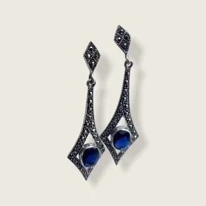 Sapphire Blue Art Deco Spear Earrings in Silver and Marcasite