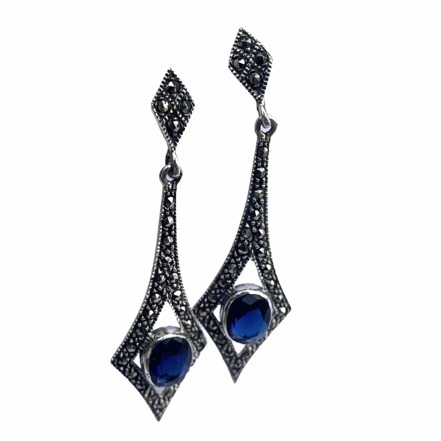 Sapphire Blue Art Deco Spear Earrings in Silver and Marcasite