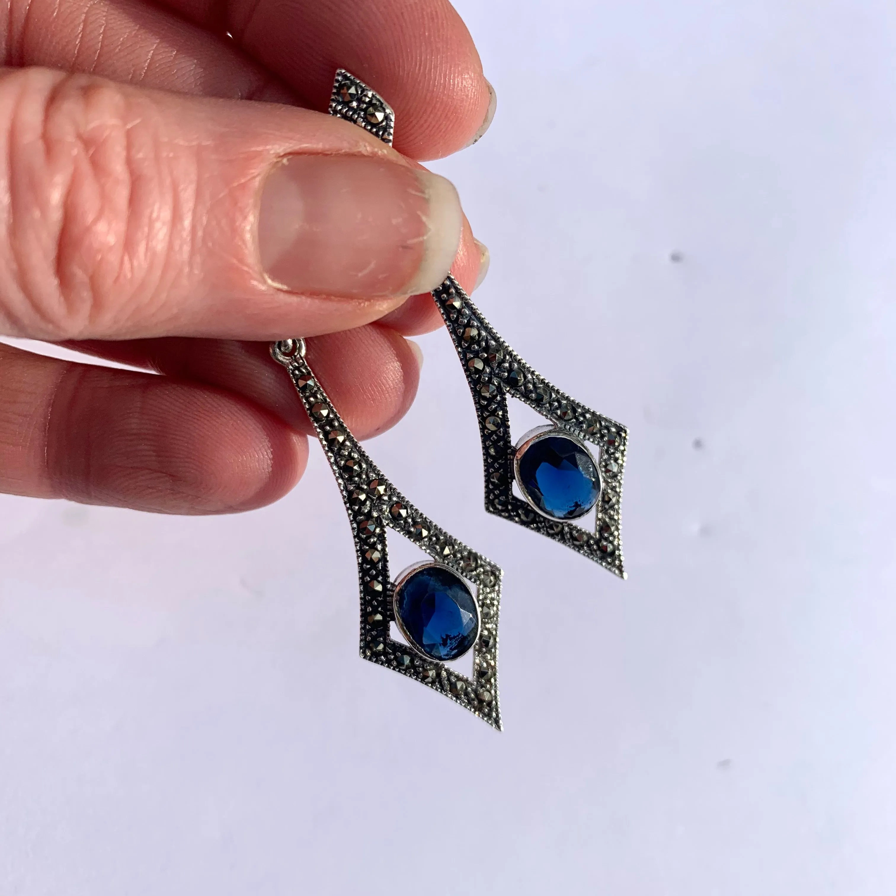 Sapphire Blue Art Deco Spear Earrings in Silver and Marcasite