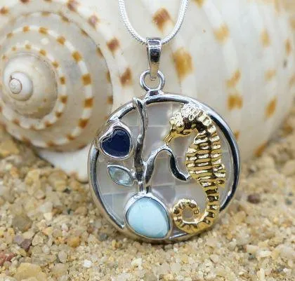 Seahorse Necklace with Larimar, Blue Topaz, Lapis Lazuli and Mother of Pearl