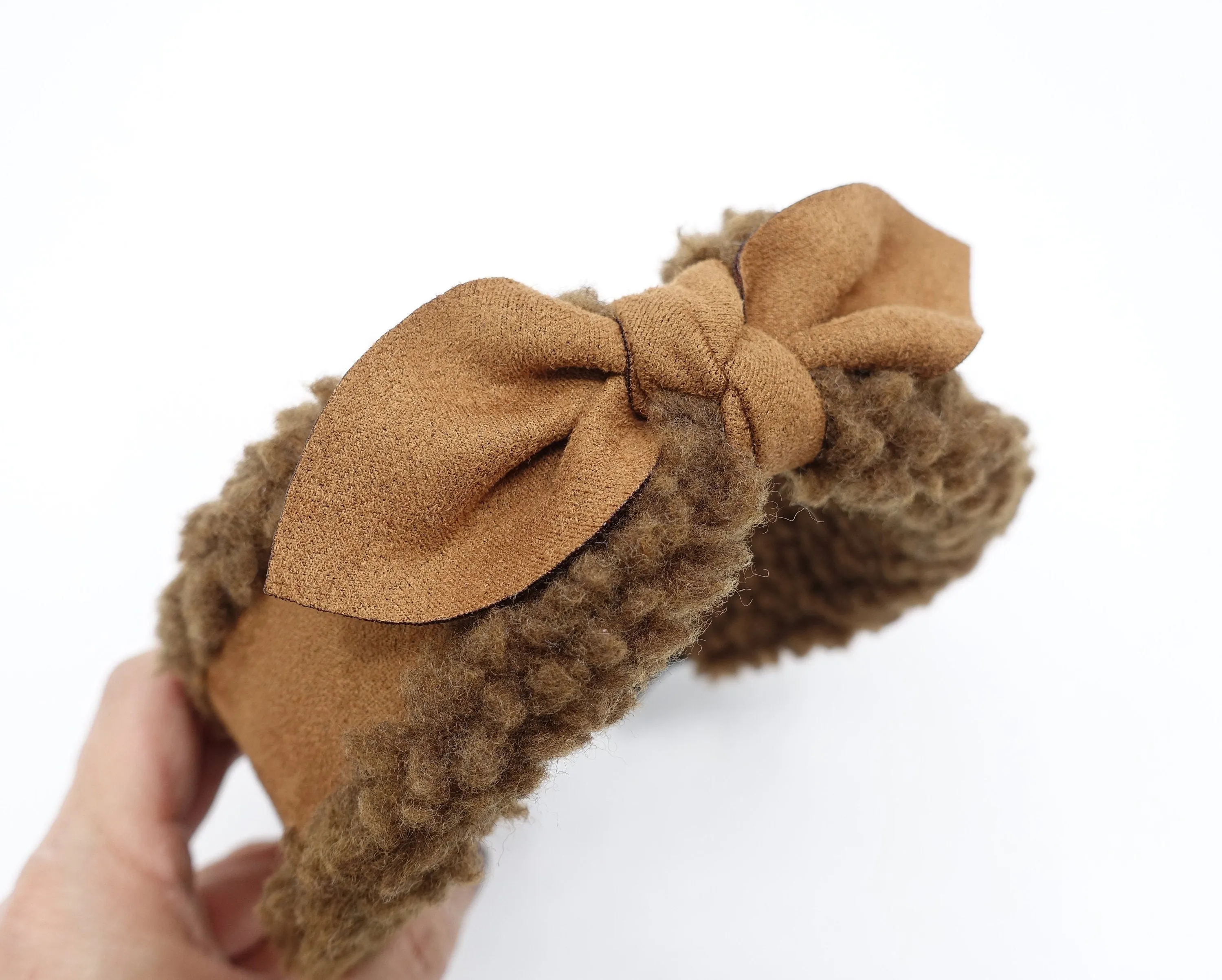 sherpa headband leather bow knot hairband teddy hair accessory for women