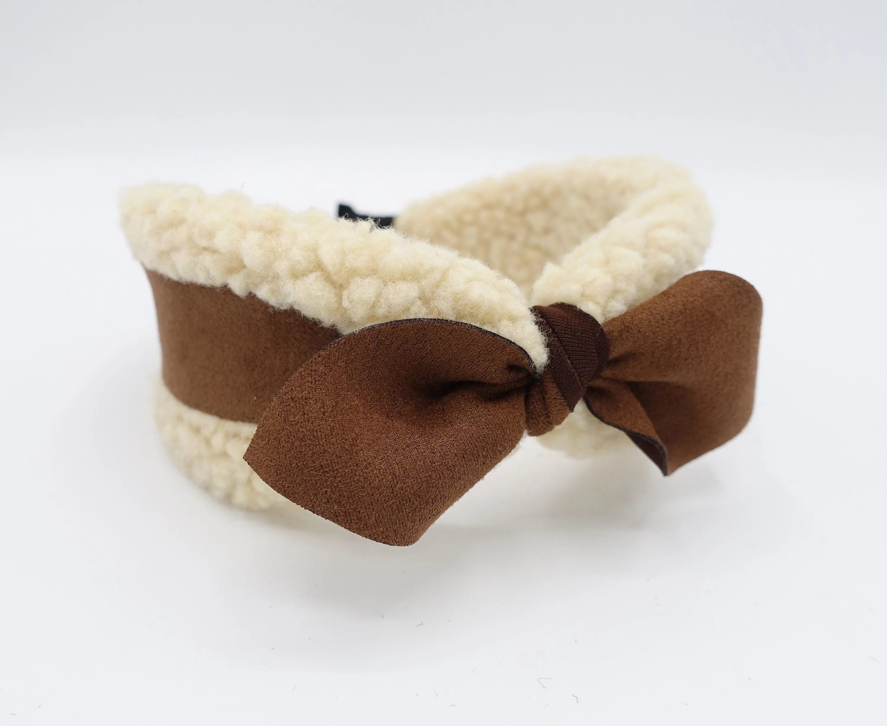 sherpa headband leather bow knot hairband teddy hair accessory for women