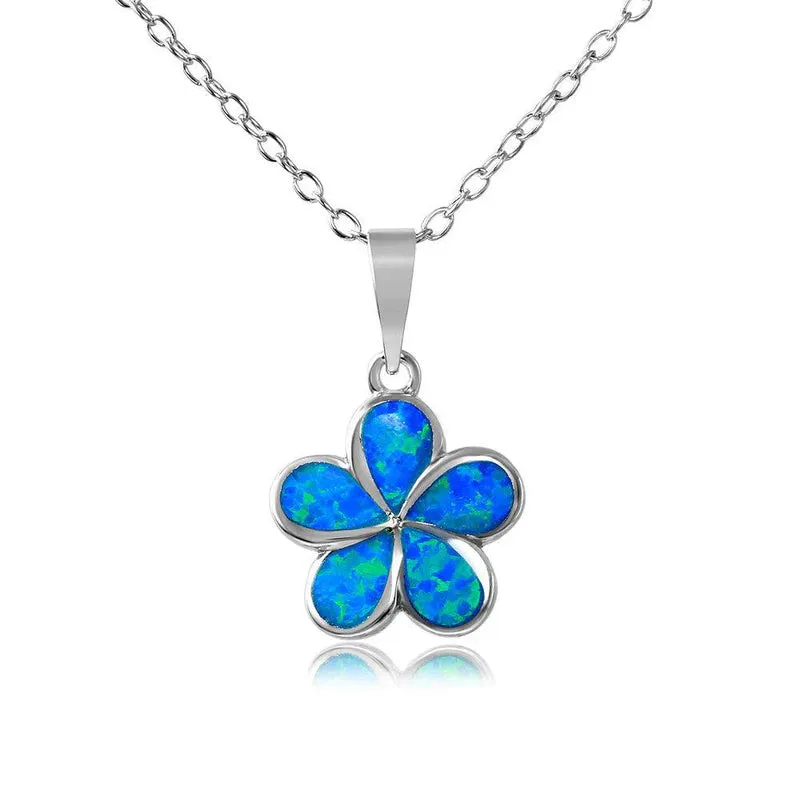 Silver 925 Rhodium Plated Blue Opal Stone Hibiscus Flower Necklace