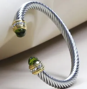 Silver and Gold Cable Bracelet with Peridot Green Stone and Crystal Accents