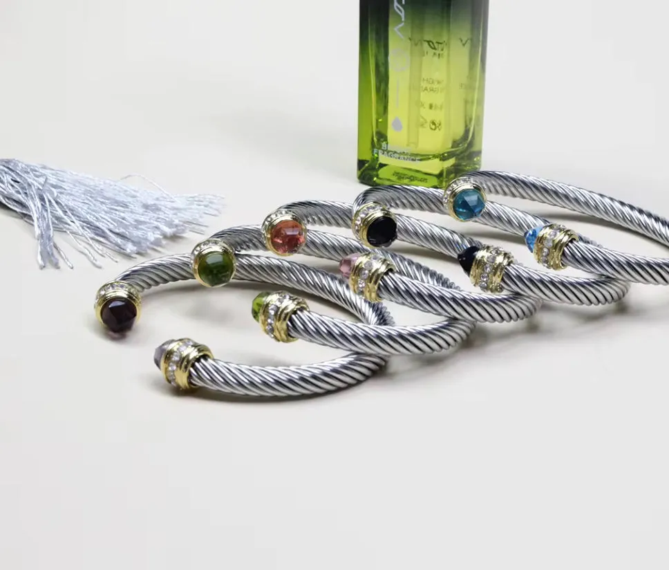 Silver and Gold Cable Bracelet with Peridot Green Stone and Crystal Accents