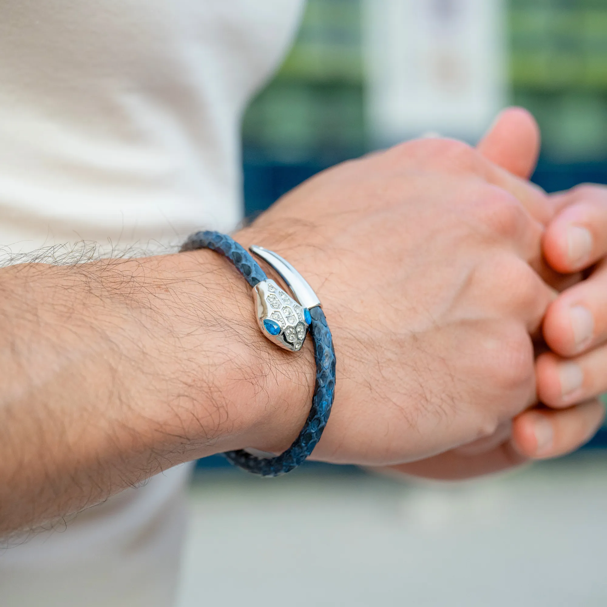 Snake Head Bracelet - Blue Leather with Zircon