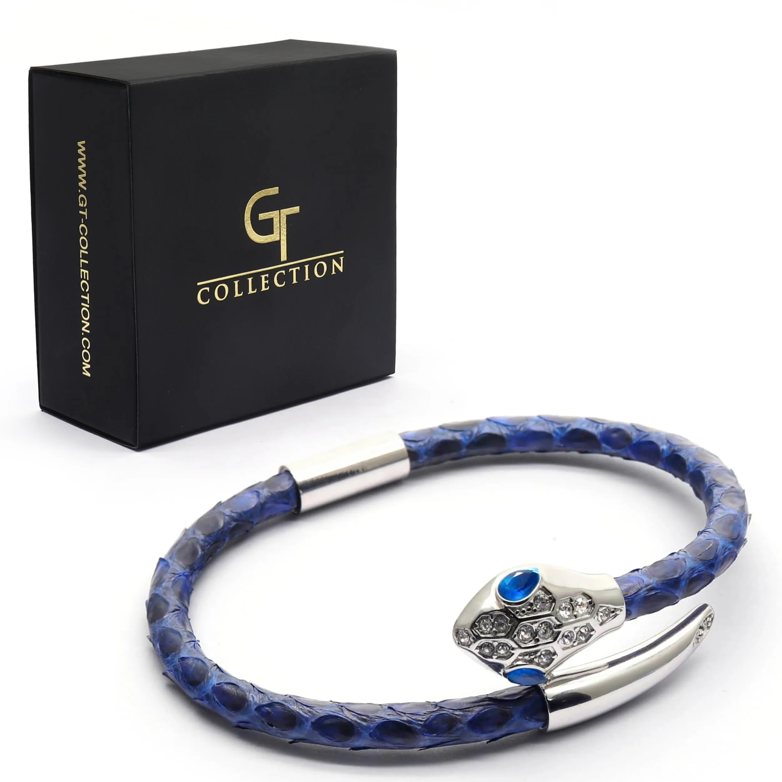 Snake Head Bracelet - Blue Leather with Zircon