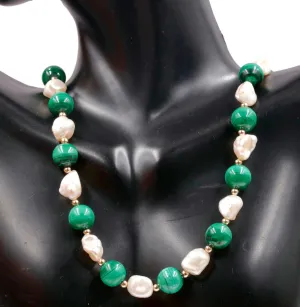 Solid 14K Gold Natural Malachite And Baroque Pearl Beaded Necklace SKU 6142331