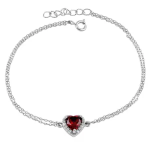 Sterling Silver Dark Garnet and Clear CZ Heart Halo Bracelet