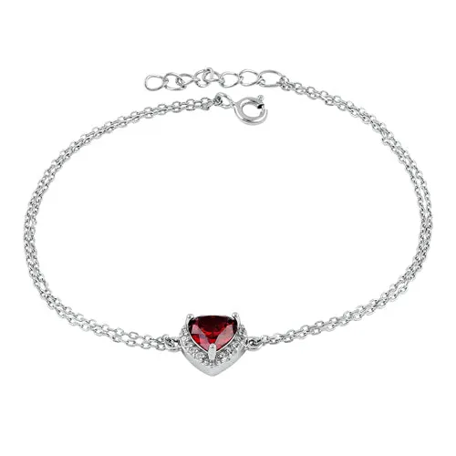 Sterling Silver Dark Garnet and Clear CZ Heart Halo Bracelet