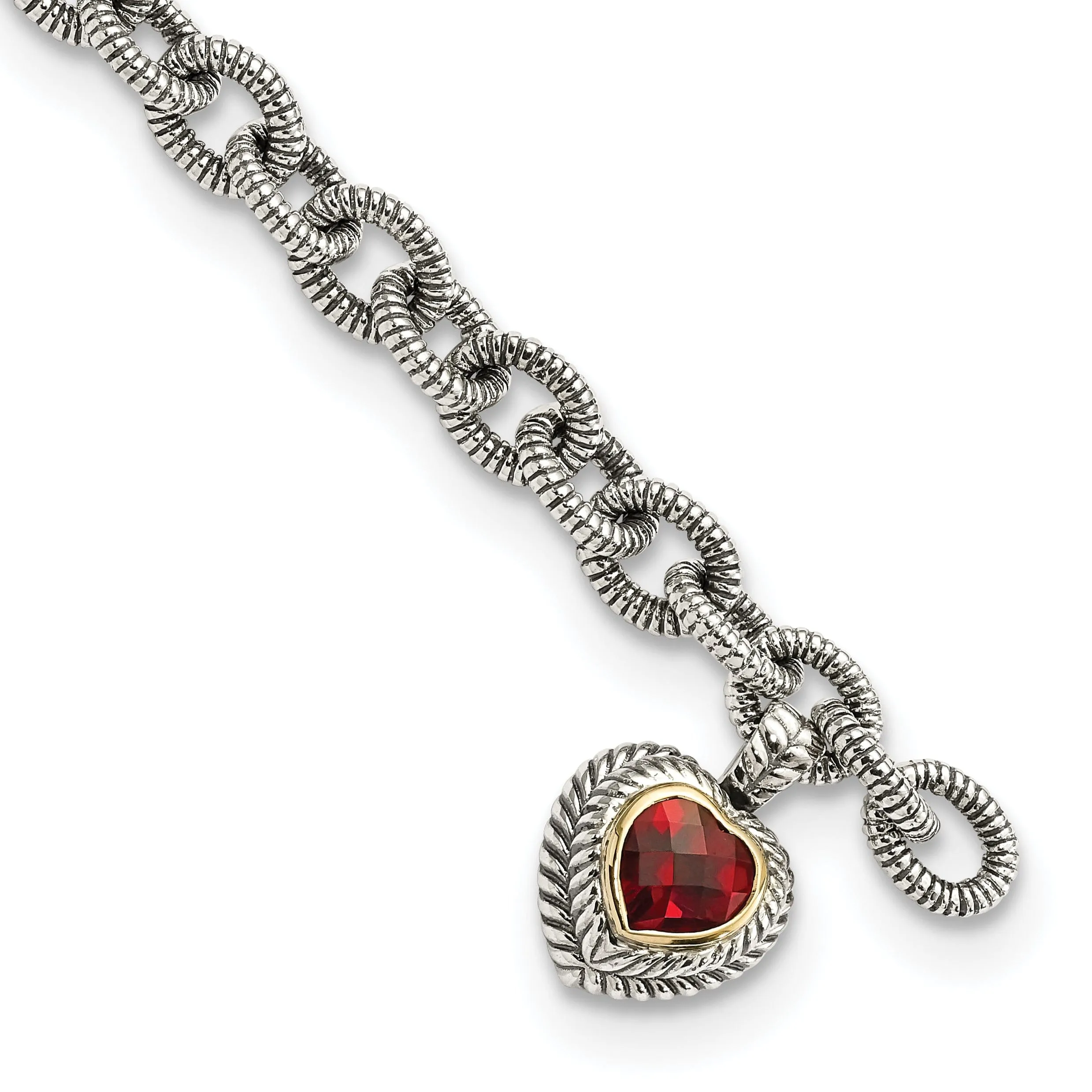 Sterling Silver Gold Garnet Heart Link Bracelet