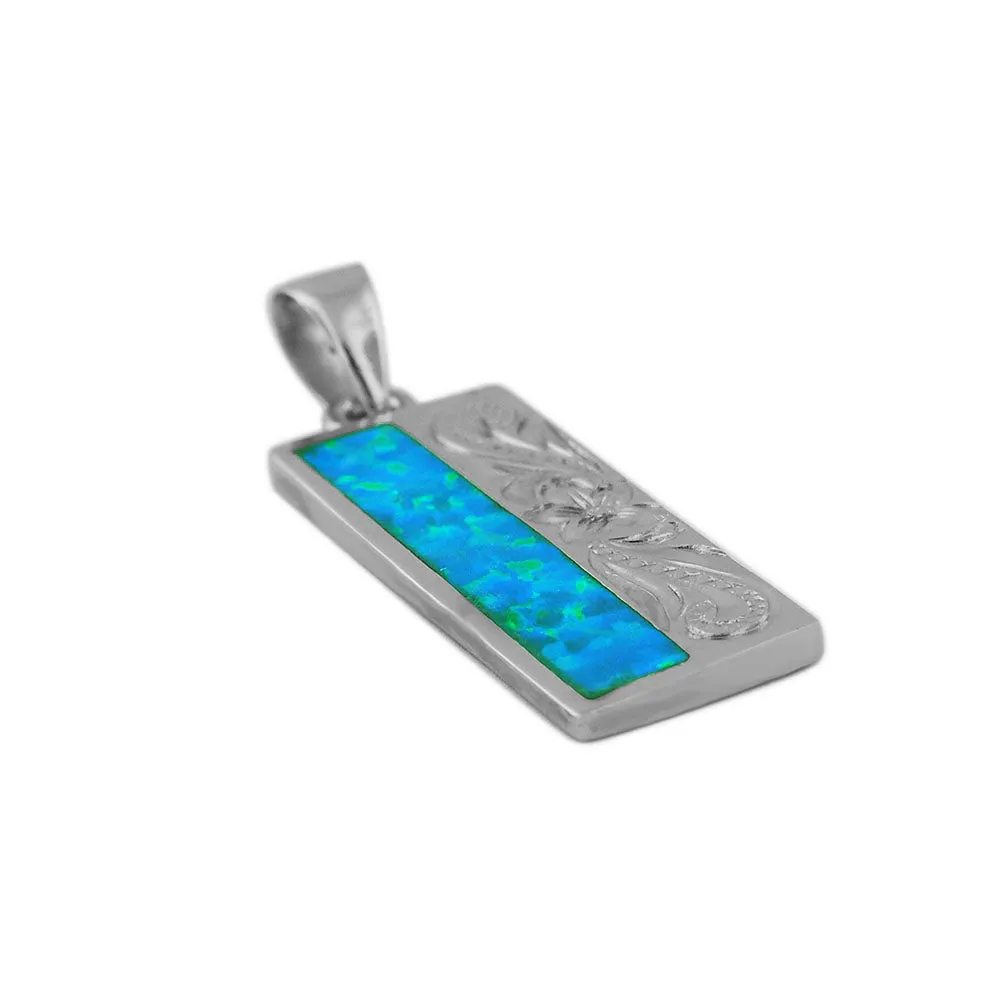 Sterling Silver Synthetic Blue Opal Carved Long Bar Pendant Necklace, 16 2" Extender