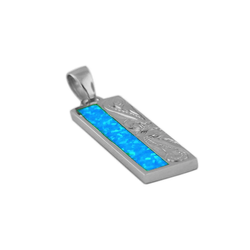 Sterling Silver Synthetic Blue Opal Carved Long Bar Pendant Necklace, 16 2" Extender