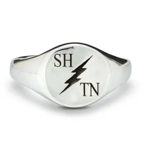 Thunderbolt Initials Round Silver Signet Ring