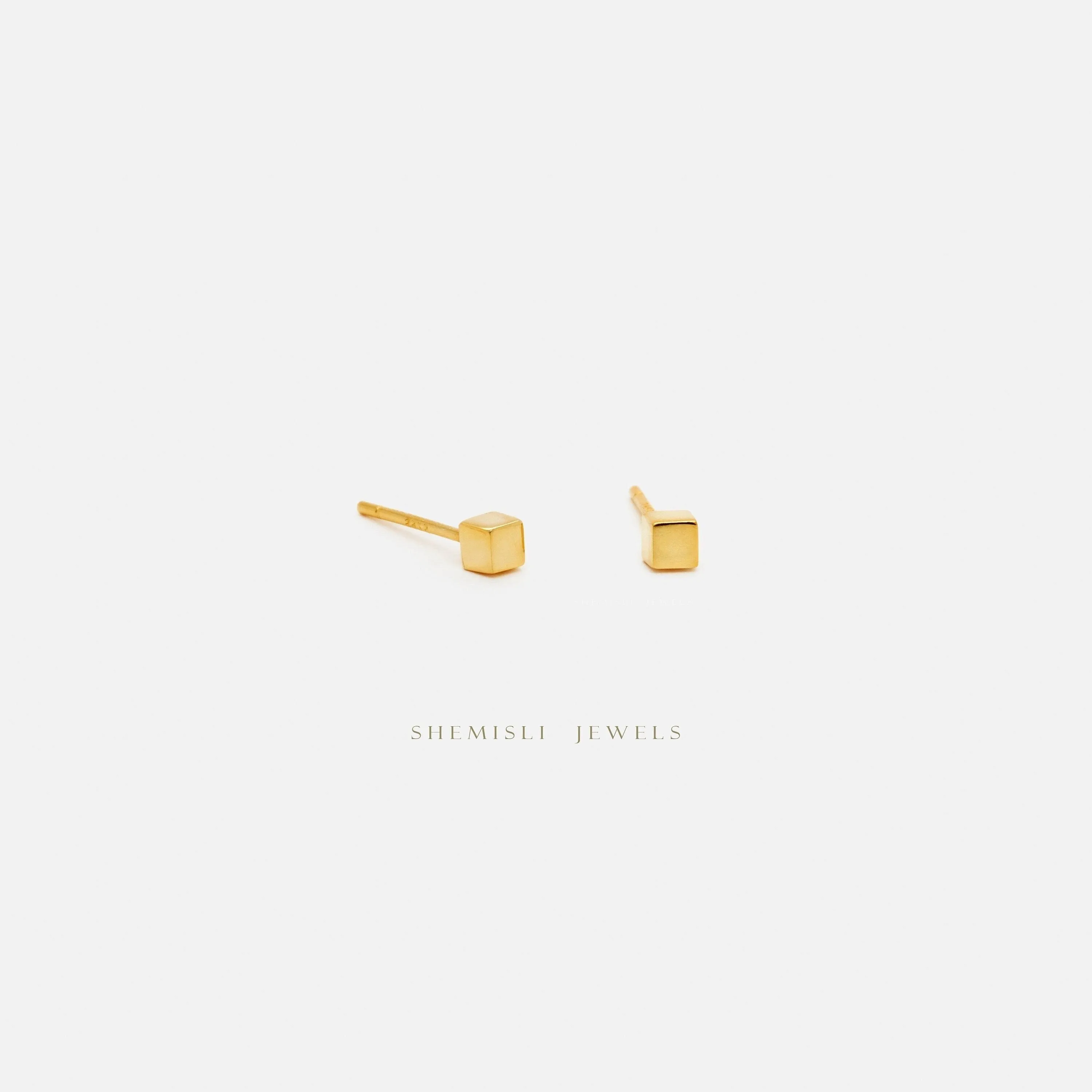 Tiny Cube Stud Earrings, Unisex, Gold, Silver SHEMISLI SS283