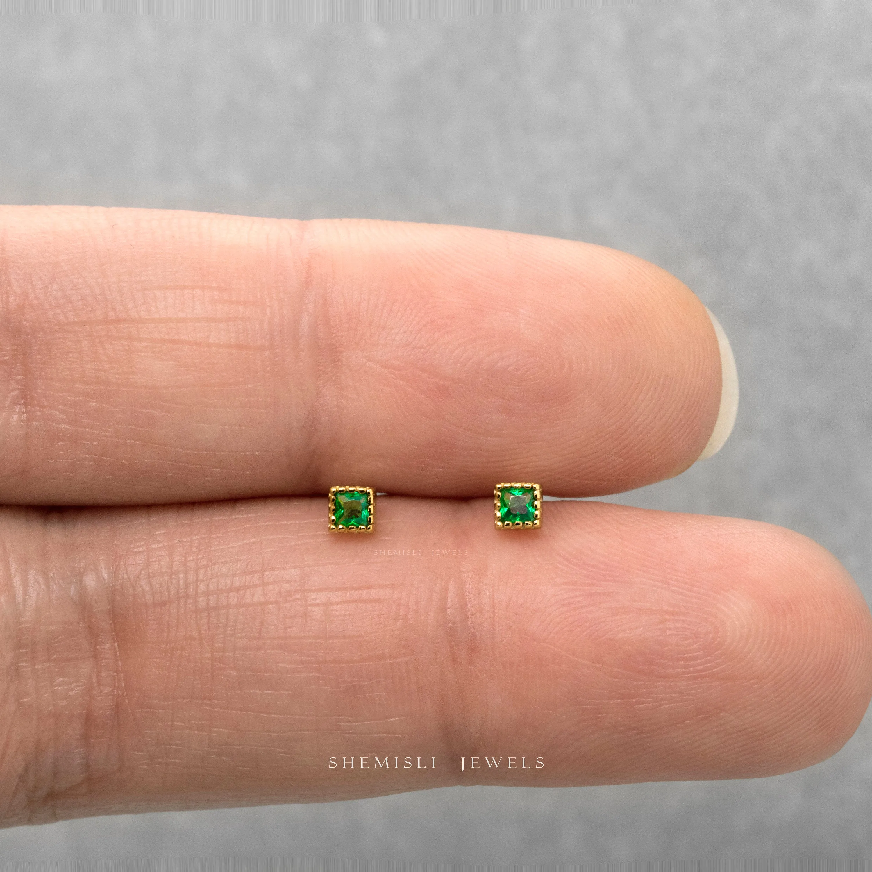 Tiny Emerald Square CZ Stud, Cube Earrings, Unisex, Gold, Silver SHEMISLI SS022