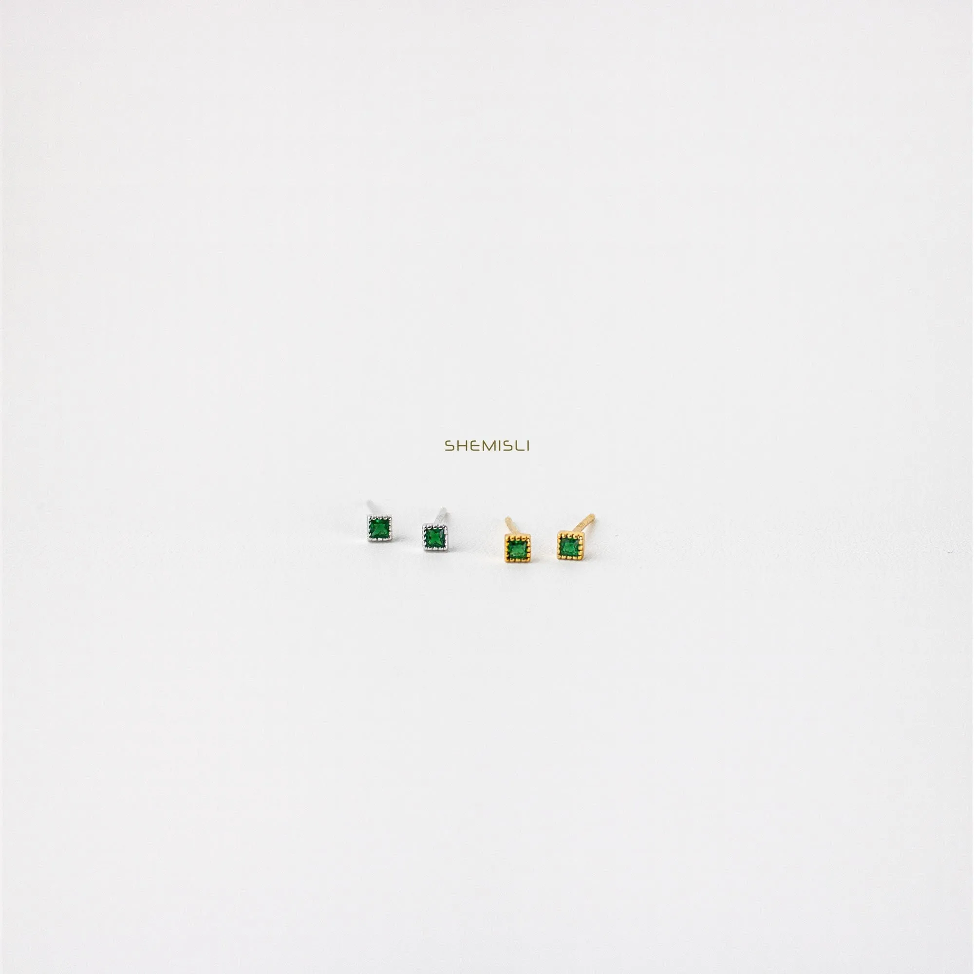 Tiny Emerald Square CZ Stud, Cube Earrings, Unisex, Gold, Silver SHEMISLI SS022