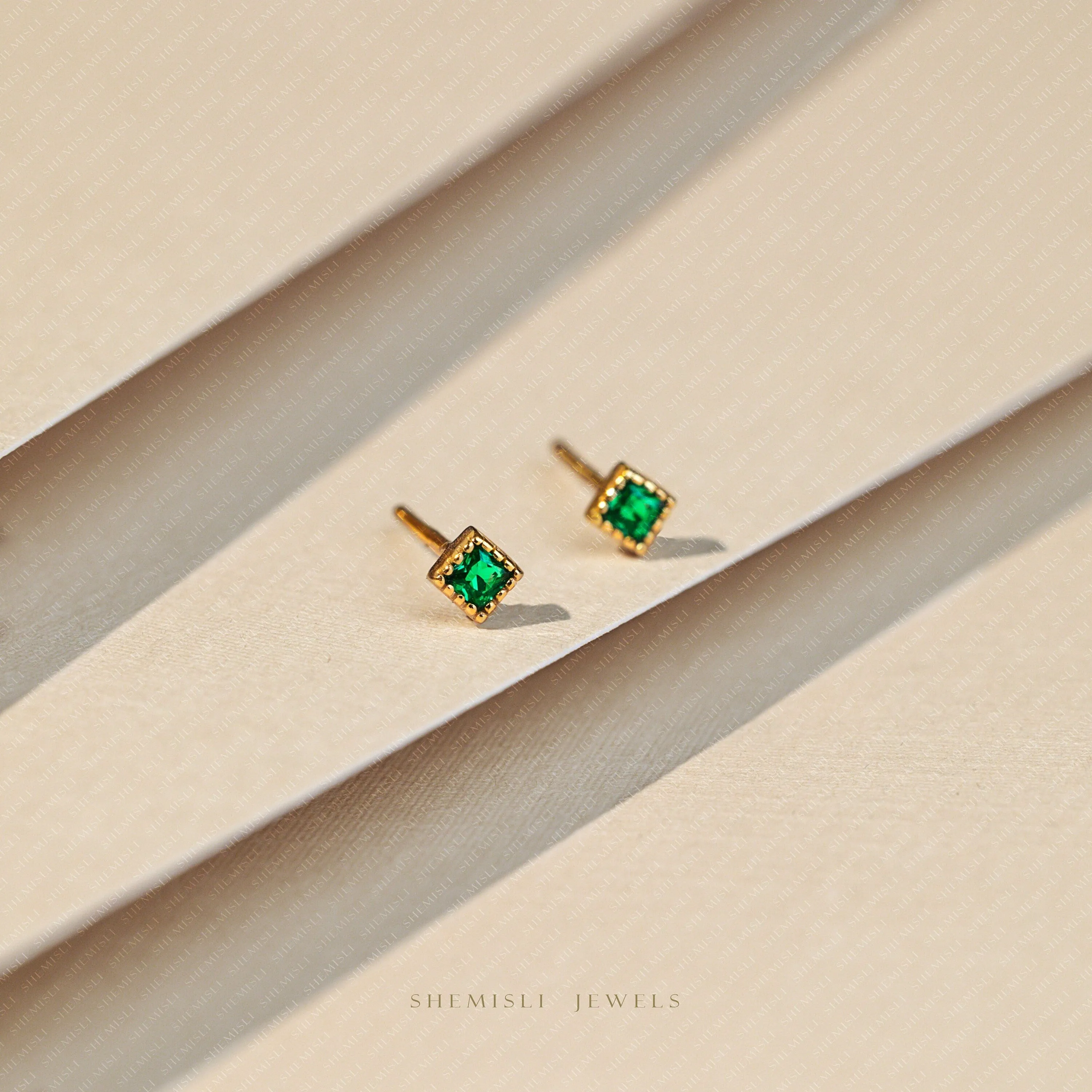 Tiny Emerald Square CZ Stud, Cube Earrings, Unisex, Gold, Silver SHEMISLI SS022