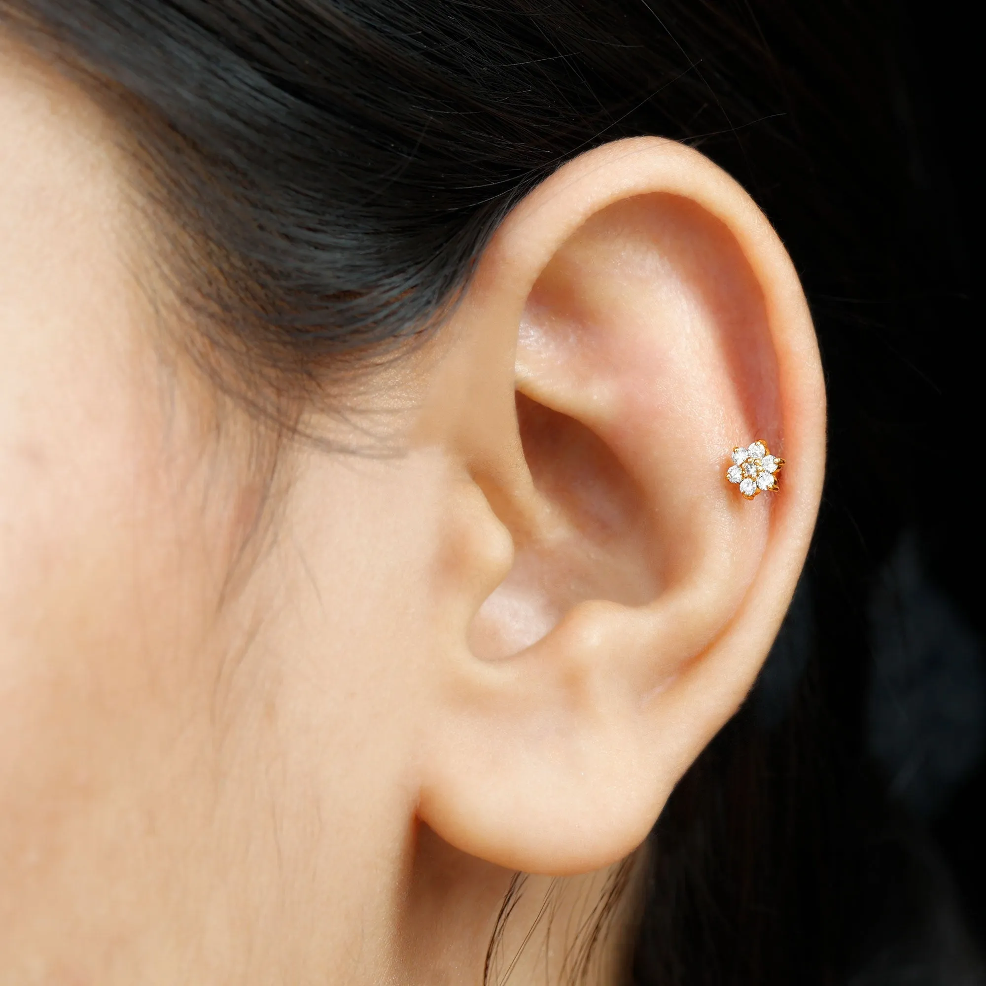 Tiny Moissanite Gold Flower Earring for Conch Piercing