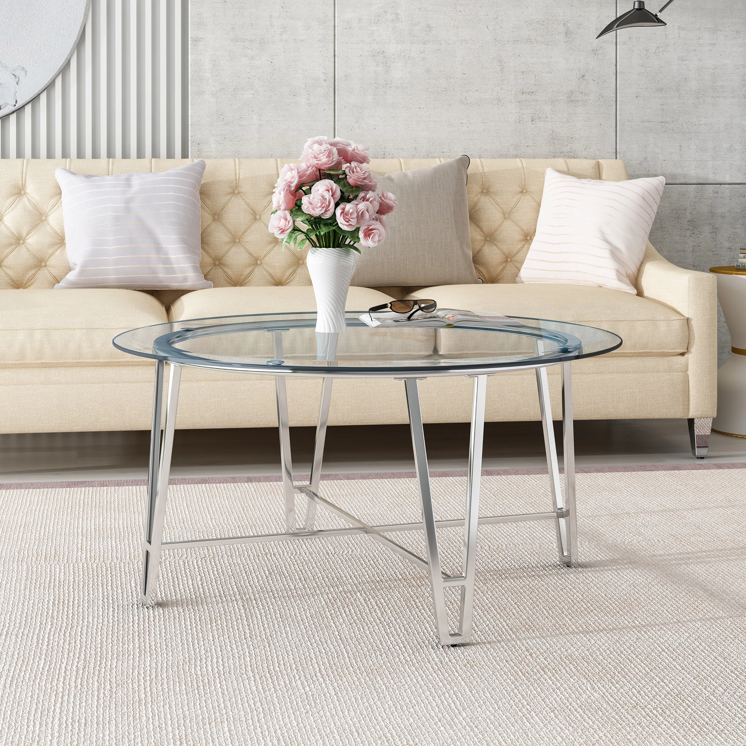 Tylenn Modern Iron Coffee Table with Round Tempered Glass Top, Silver