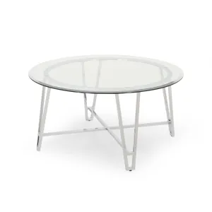 Tylenn Modern Iron Coffee Table with Round Tempered Glass Top, Silver