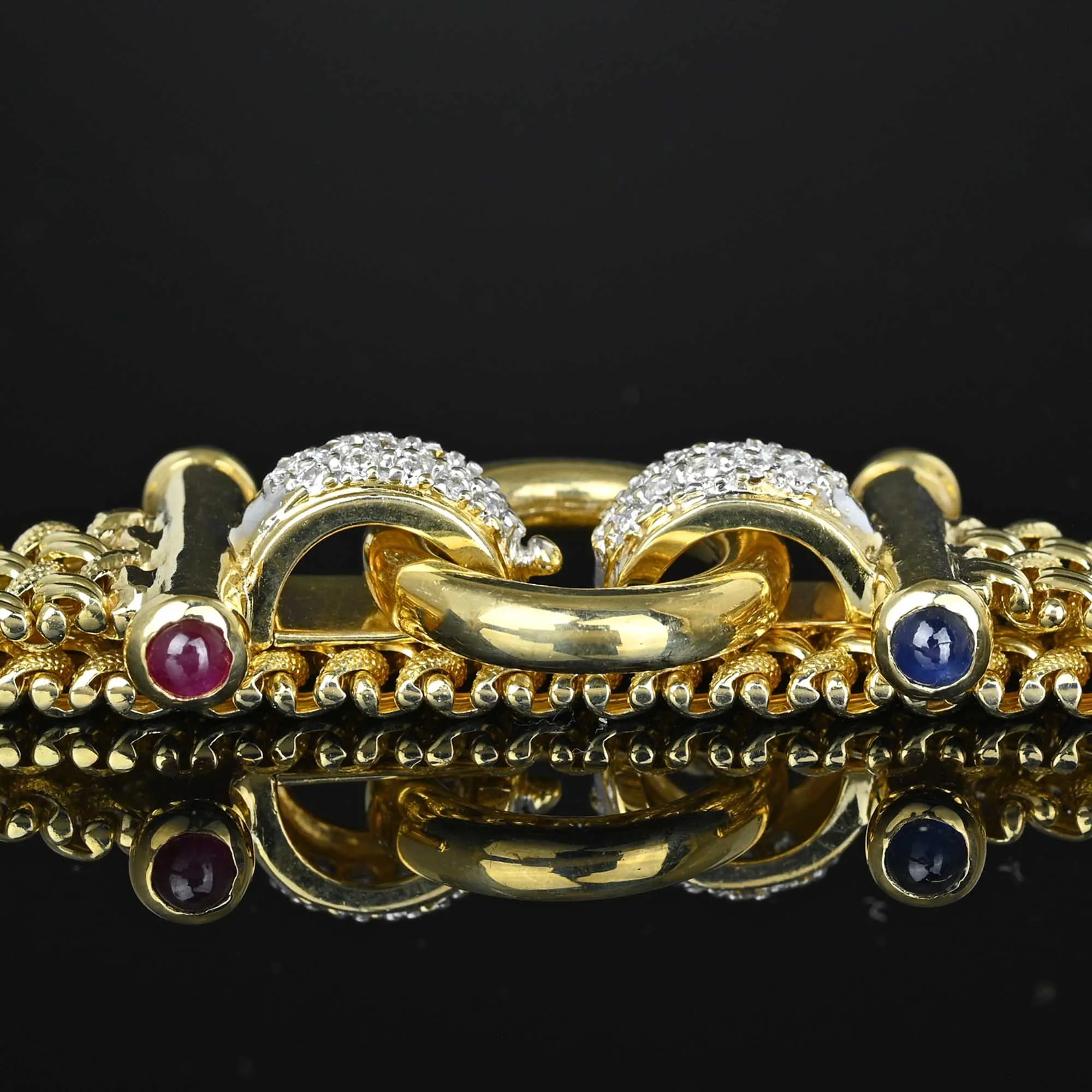 Vintage 14K Gold Sapphire Ruby Diamond Bracelet, 34.1 Grams